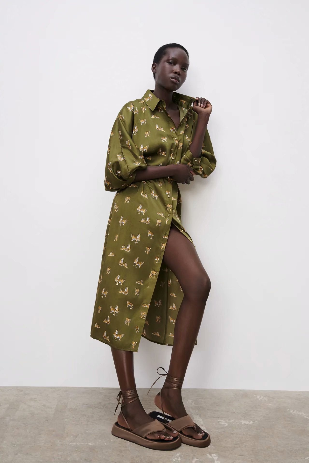 New Women's Silk Satin Texture Fashionable Printed Shirt Dress