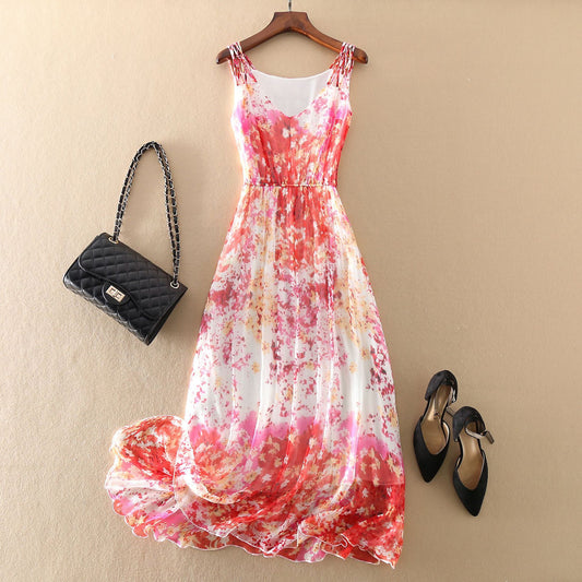 Silk Dress Bohemian V-neck Elastic Waist Color