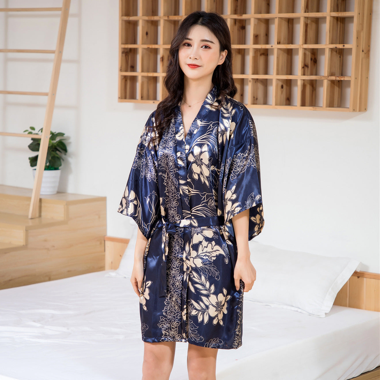 Couples Imitation Silk Nightgown Printed Spring And Summer Kimono