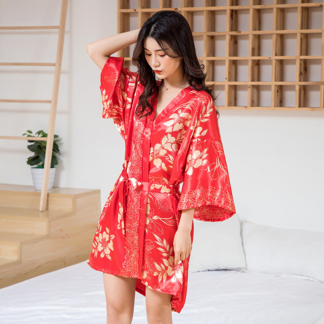 Couples Imitation Silk Nightgown Printed Spring And Summer Kimono