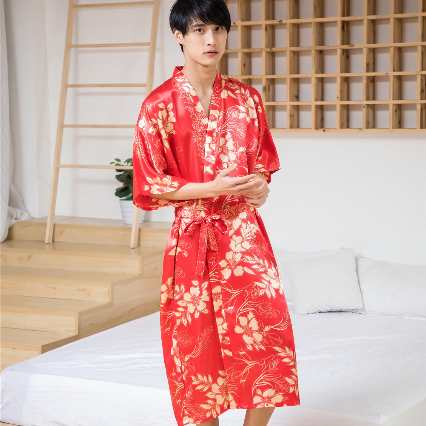 Couples Imitation Silk Nightgown Printed Spring And Summer Kimono