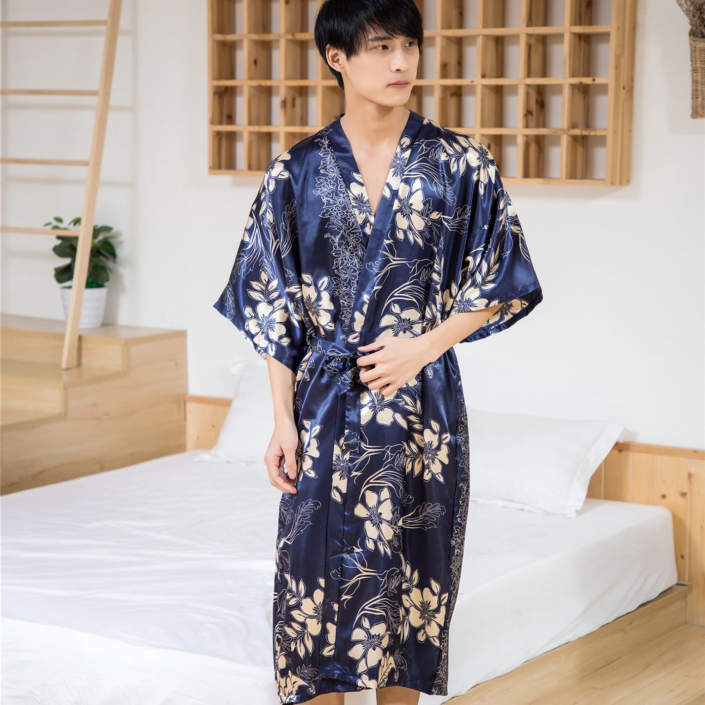 Couples Imitation Silk Nightgown Printed Spring And Summer Kimono