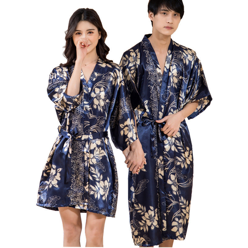 Couples Imitation Silk Nightgown Printed Spring And Summer Kimono