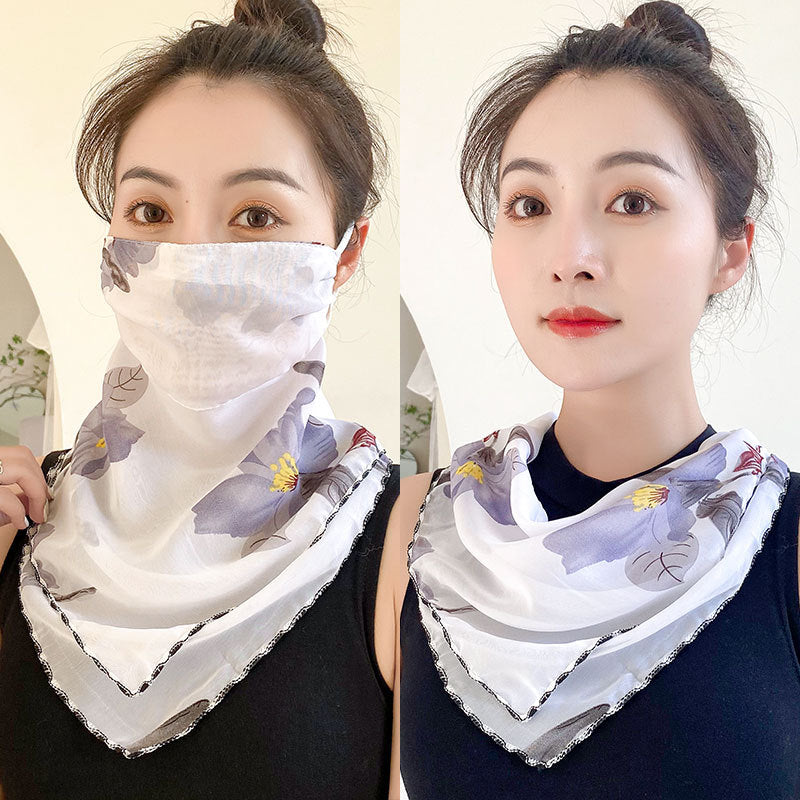 Protection Face Mask Silk Scarf Women'S Dual-Use Summer Thin Earrings Bib Set Neck Scarf