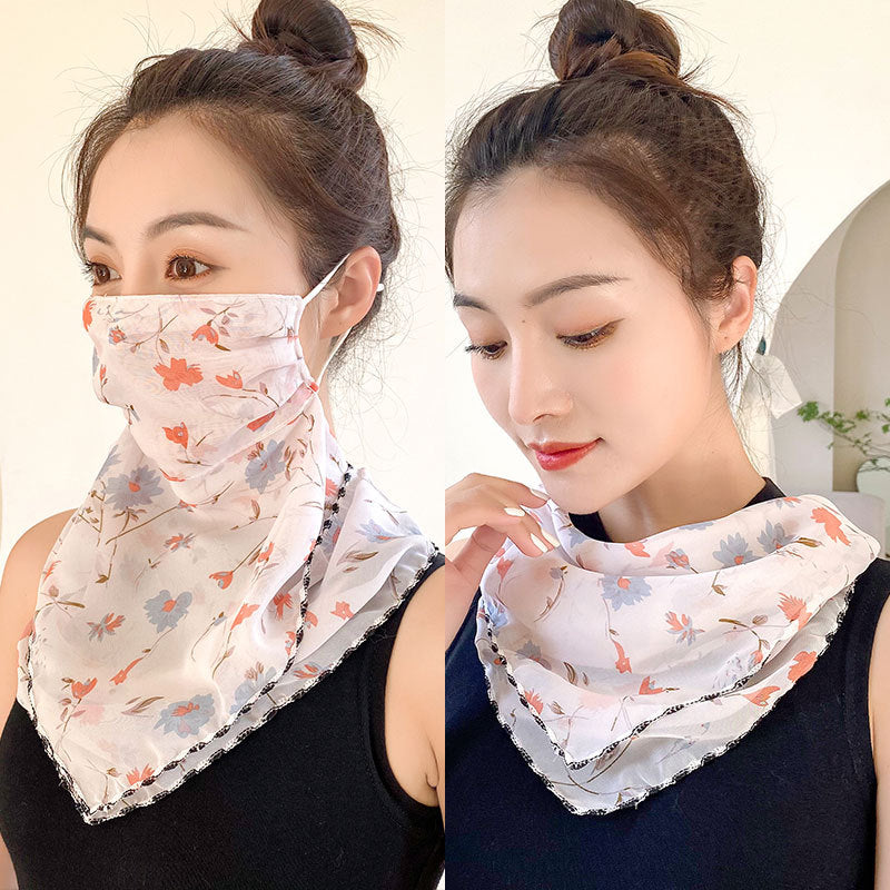 Protection Face Mask Silk Scarf Women'S Dual-Use Summer Thin Earrings Bib Set Neck Scarf