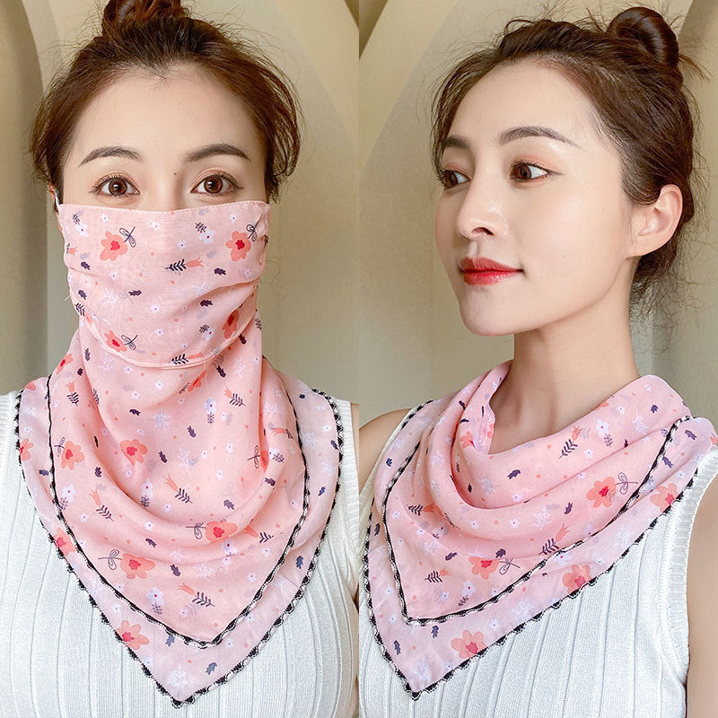 Protection Face Mask Silk Scarf Women'S Dual-Use Summer Thin Earrings Bib Set Neck Scarf