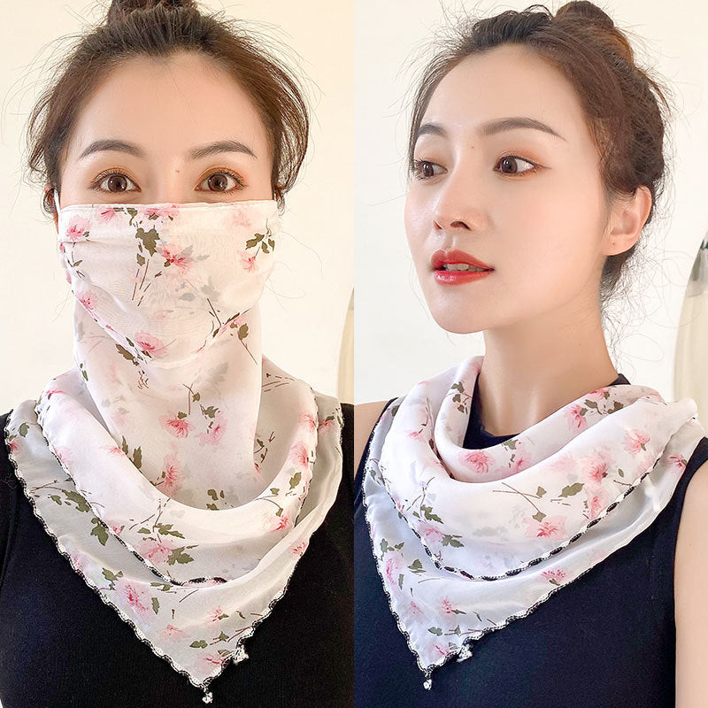 Protection Face Mask Silk Scarf Women'S Dual-Use Summer Thin Earrings Bib Set Neck Scarf