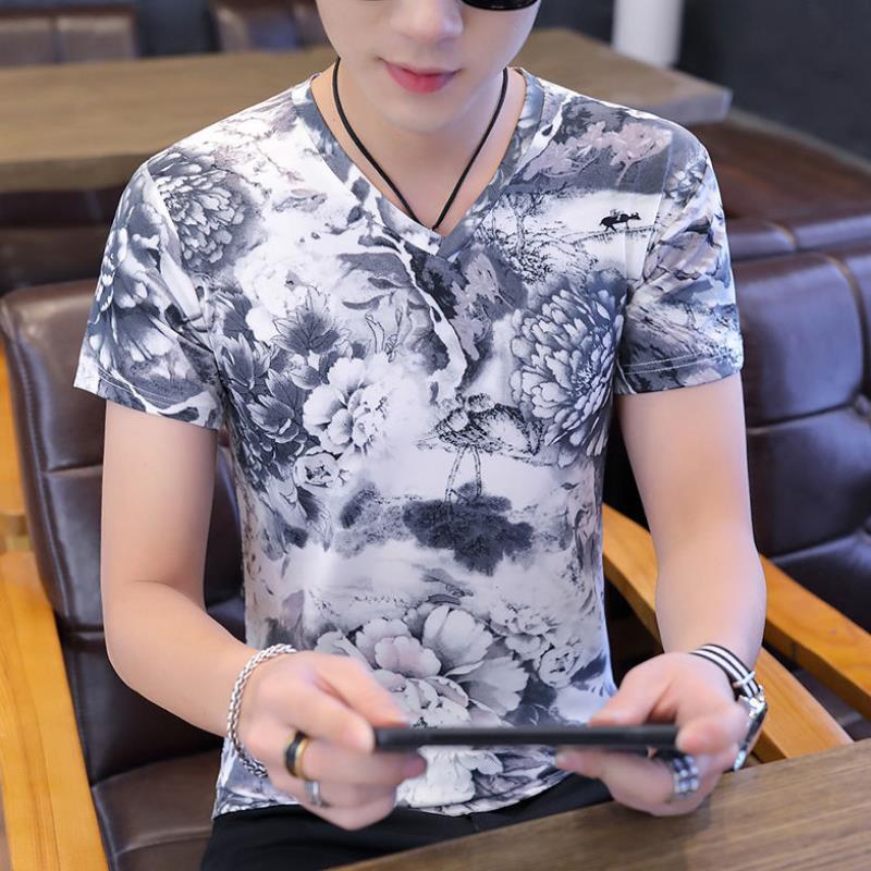 Men'S Ice Silk Flower v-Neck Short-Sleeved Top