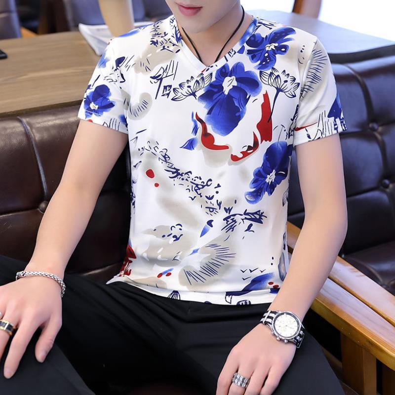 Men'S Ice Silk Flower v-Neck Short-Sleeved Top