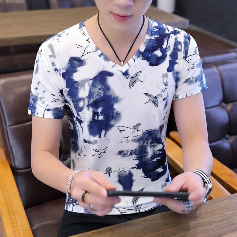 Men'S Ice Silk Flower v-Neck Short-Sleeved Top