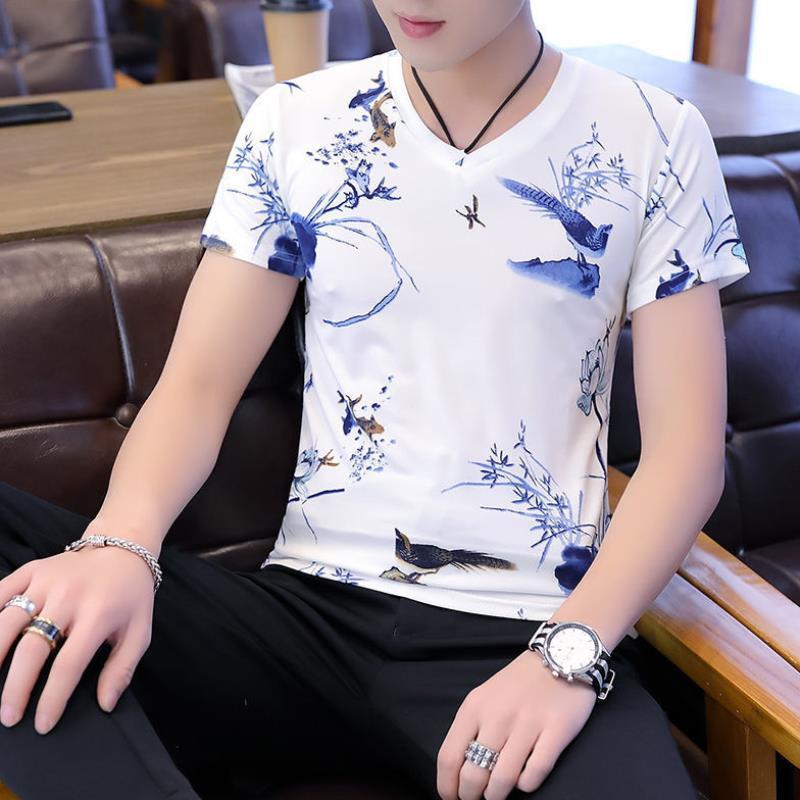 Men'S Ice Silk Flower v-Neck Short-Sleeved Top