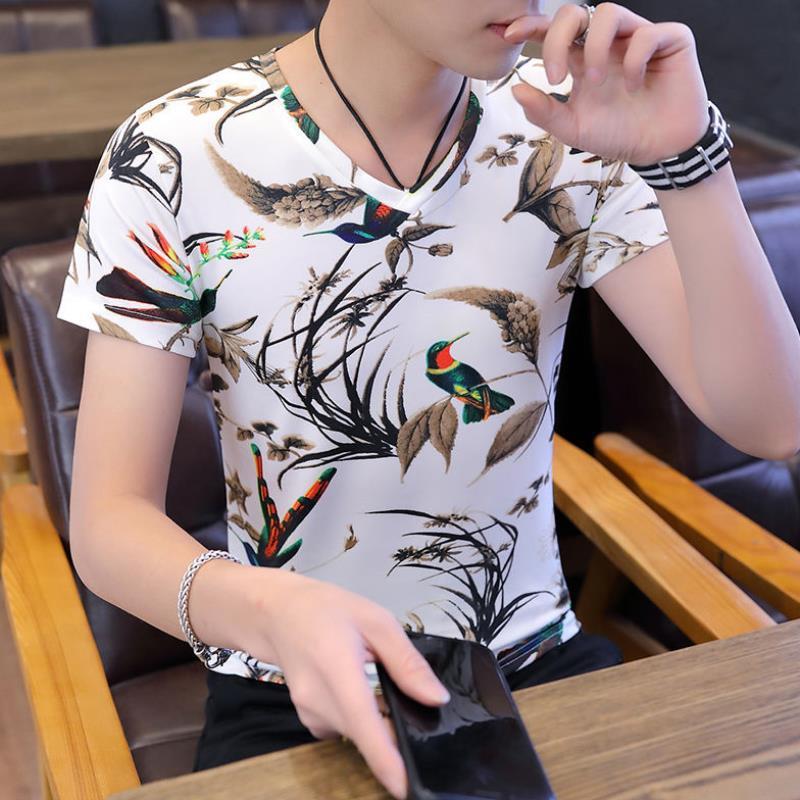 Men'S Ice Silk Flower v-Neck Short-Sleeved Top