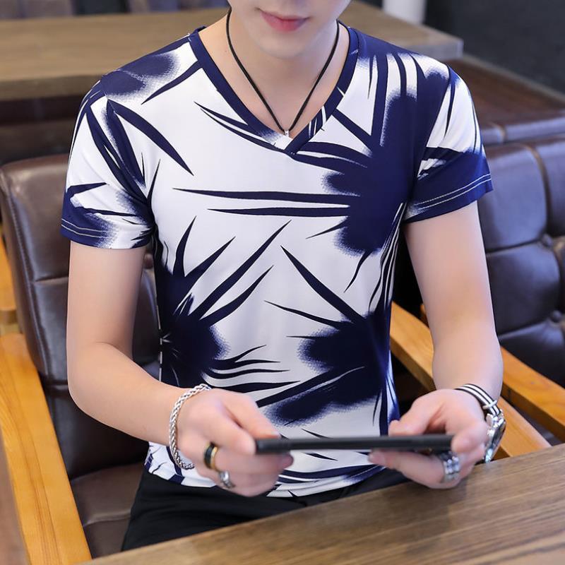 Men'S Ice Silk Flower v-Neck Short-Sleeved Top
