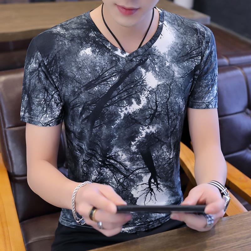 Men'S Ice Silk Flower v-Neck Short-Sleeved Top