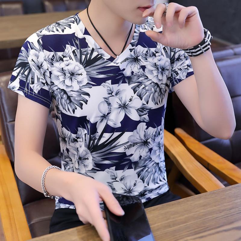 Men'S Ice Silk Flower v-Neck Short-Sleeved Top