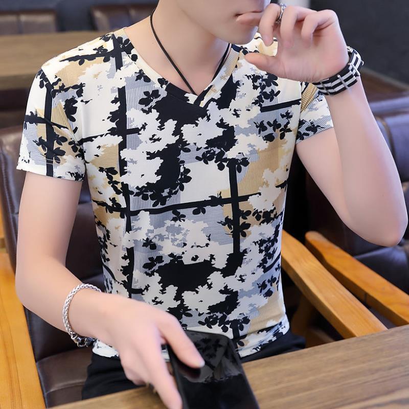 Men'S Ice Silk Flower v-Neck Short-Sleeved Top