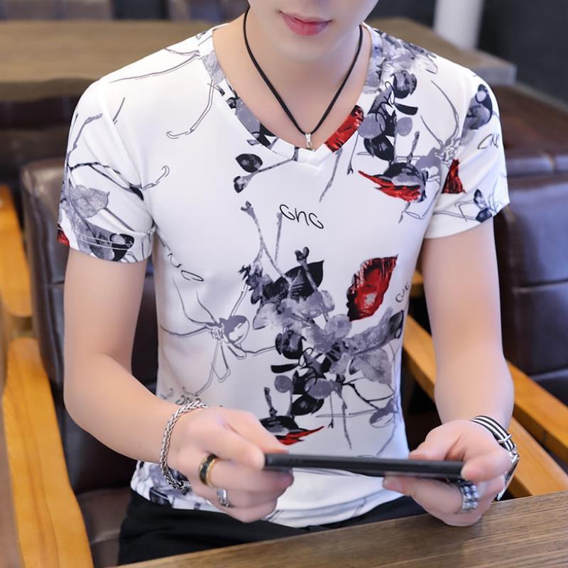 Men'S Ice Silk Flower v-Neck Short-Sleeved Top