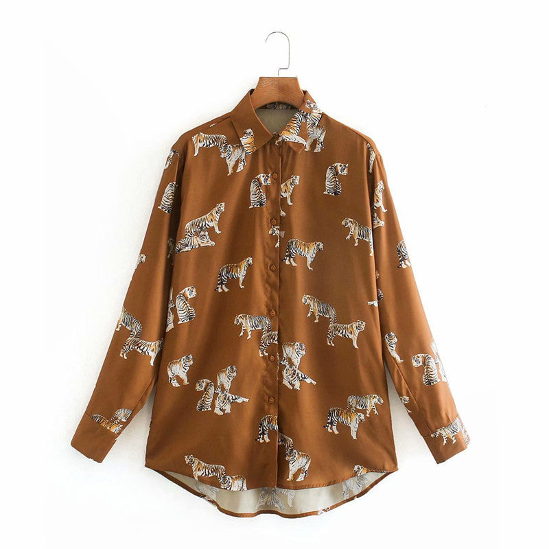 Tiger Print Printed Silk Satin Shirt