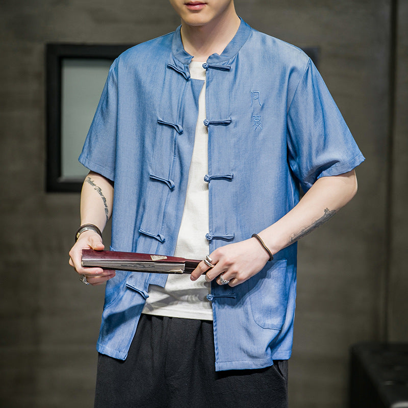 Men's Ice Silk Denim Short Sleeve Shirt