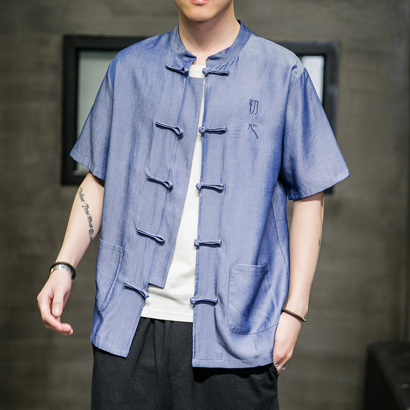 Men's Ice Silk Denim Short Sleeve Shirt