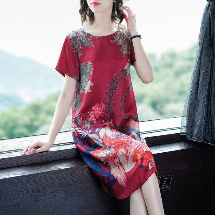 Cool Imitation Ice Silk Mid-Length Mother'S Dress