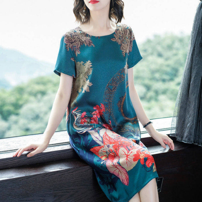 Cool Imitation Ice Silk Mid-Length Mother'S Dress