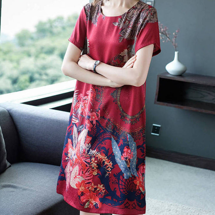 Cool Imitation Ice Silk Mid-Length Mother'S Dress