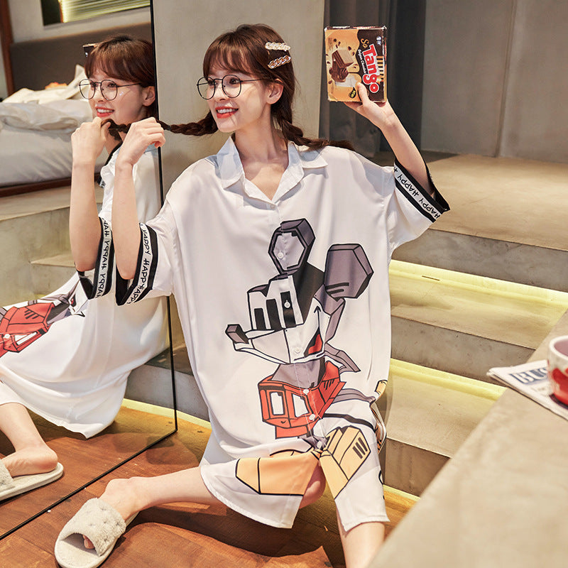 New Style Shirt Dress Cute Cartoon Silk Loose Nightdress Home Service