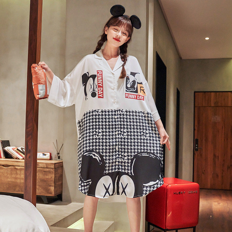 New Style Shirt Dress Cute Cartoon Silk Loose Nightdress Home Service