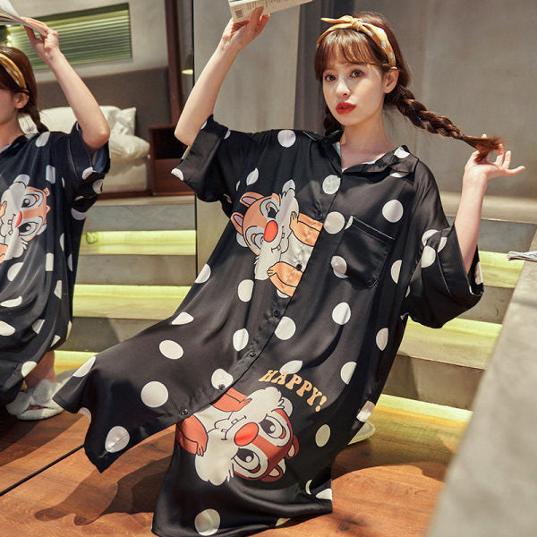 New Style Shirt Dress Cute Cartoon Silk Loose Nightdress Home Service