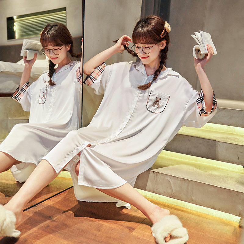 New Style Shirt Dress Cute Cartoon Silk Loose Nightdress Home Service