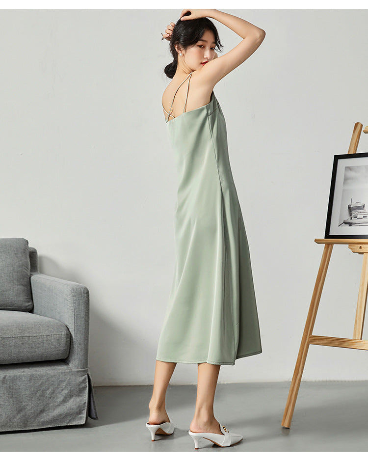 Acetate satin dress V-neck slim high-end temperament silk suspender skirt
