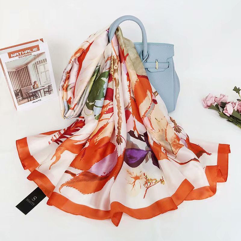Fashion Satin Floral Imitation Silk Scarf