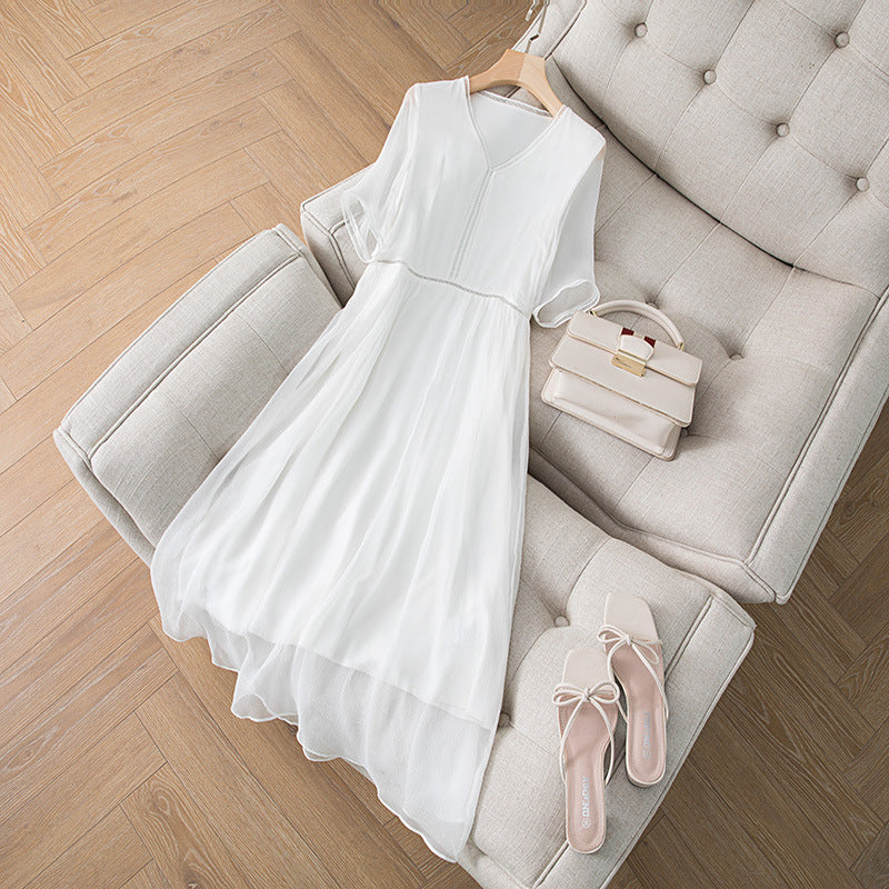 Silk V Neck Five Point Sleeve Dress