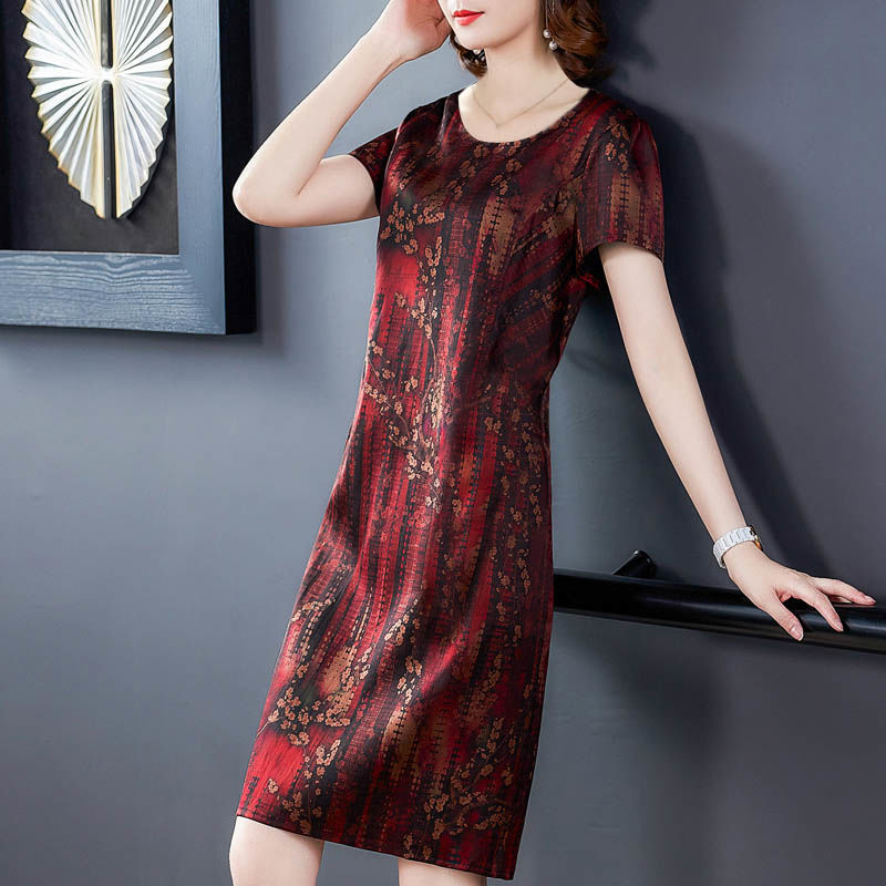 Middle-aged And Elderly Ice Silk Print Dress Fashion Casual