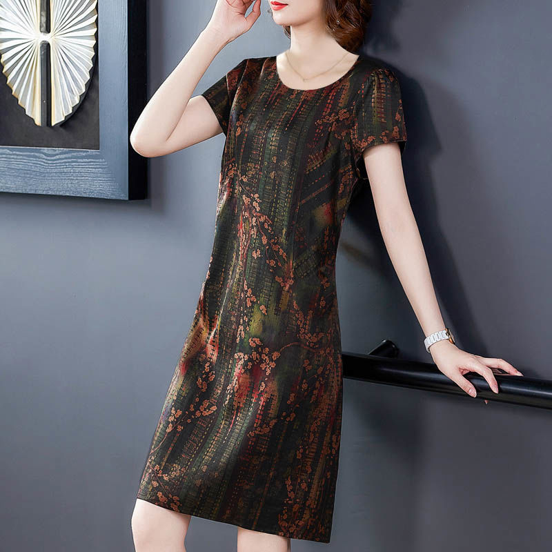 Middle-aged And Elderly Ice Silk Print Dress Fashion Casual