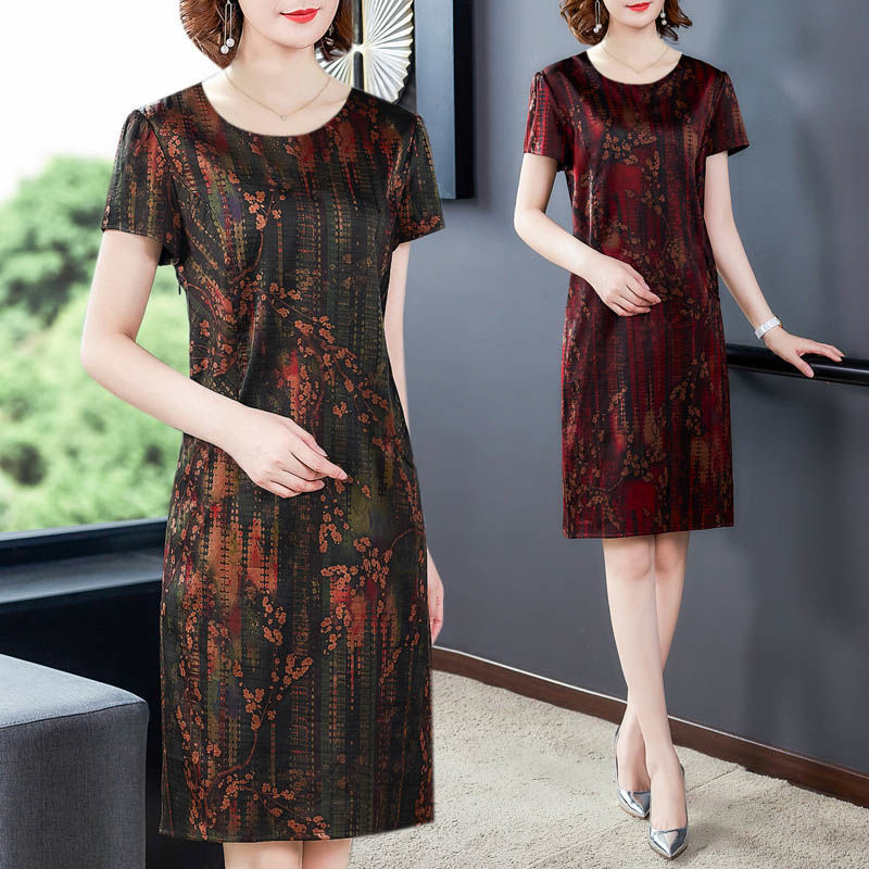 Middle-aged And Elderly Ice Silk Print Dress Fashion Casual