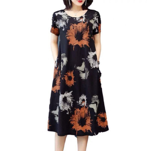 Fashion Printed Loose Cotton Silk Dress