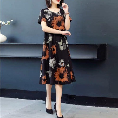 Fashion Printed Loose Cotton Silk Dress