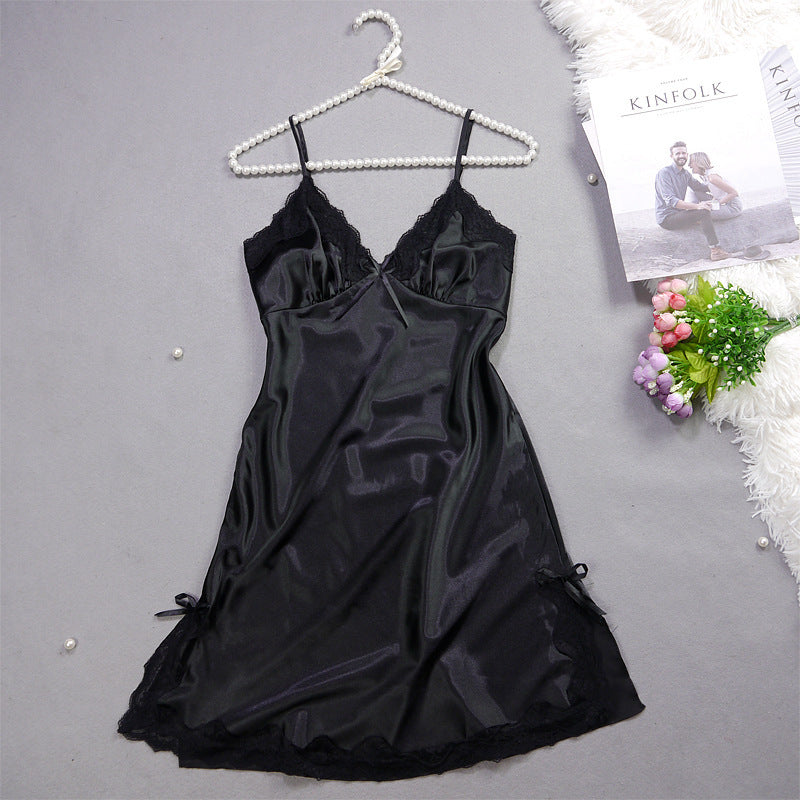 Summer New Ladies Silk Pajamas Suspenders Nightdress Sexy Charm Lace Ice Silk Pajamas