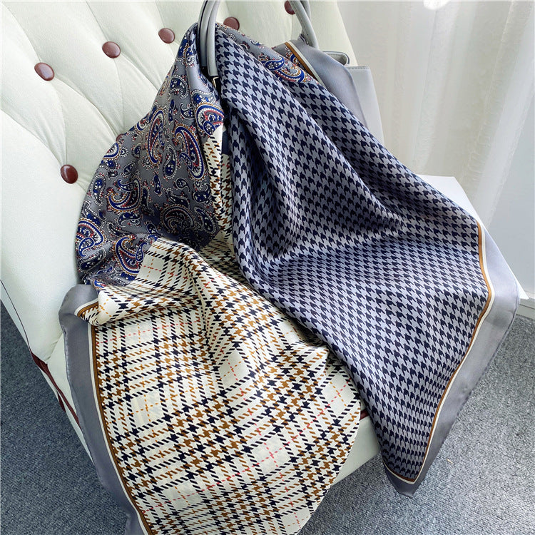 Cashew Flower Fashion Four-Pattern Stitching Silk Scarf Women Spring And Summer Silk Silk Scarf Satin Large Square Scarf Shawl