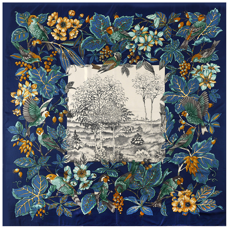 Women'S Scarves Jungle Flower And Bird Print Twill Silk Simulation Square Scarf Shawl Scarf