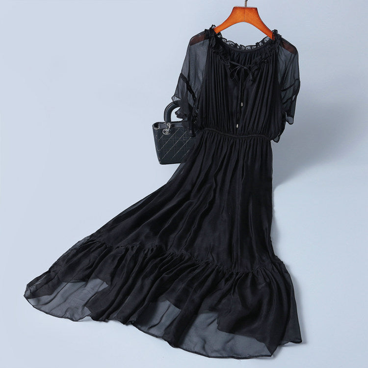 Lace-up Stitching Solid Color Short-sleeved Silk Dress