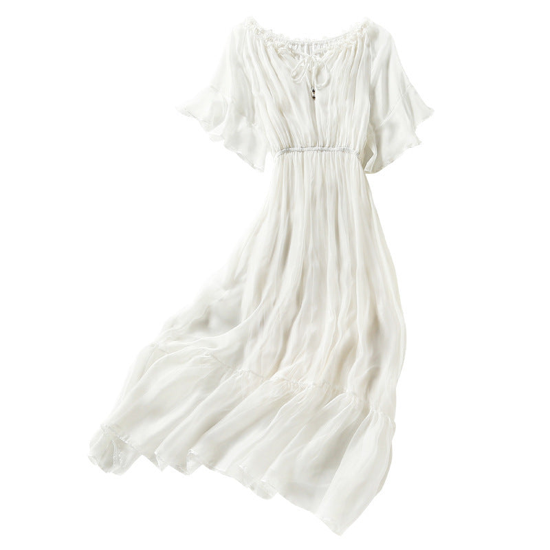 Lace-up Stitching Solid Color Short-sleeved Silk Dress