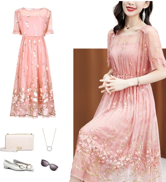 Female High-End Ladies Gentle Temperament Embroidered Silk Brand Silk Dress
