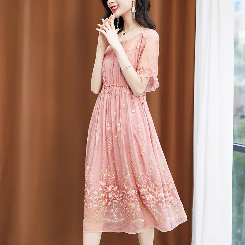 Female High-End Ladies Gentle Temperament Embroidered Silk Brand Silk Dress