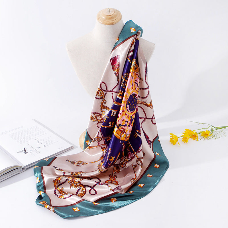 Faux Silk Satin Key Print Square Scarf