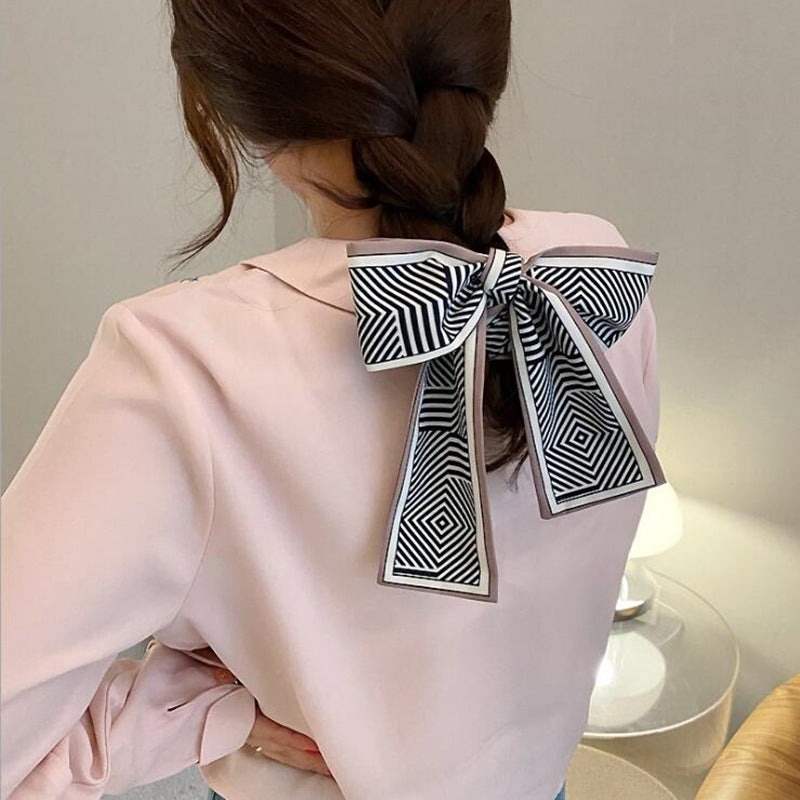 Korean Version Silk Scarf Headband Fairy Hair Binding Forest Bow Headband French Retro Ribbon Headband Imitation Silk Hair Ornament