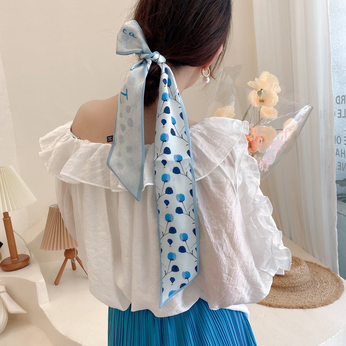 Korean Version Silk Scarf Headband Fairy Hair Binding Forest Bow Headband French Retro Ribbon Headband Imitation Silk Hair Ornament