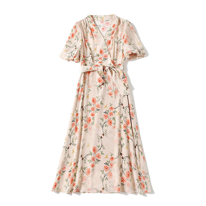 Silk Dress Summer New French V-neck Lace Up Style Waist Fairy Print Silk A-line Skirt